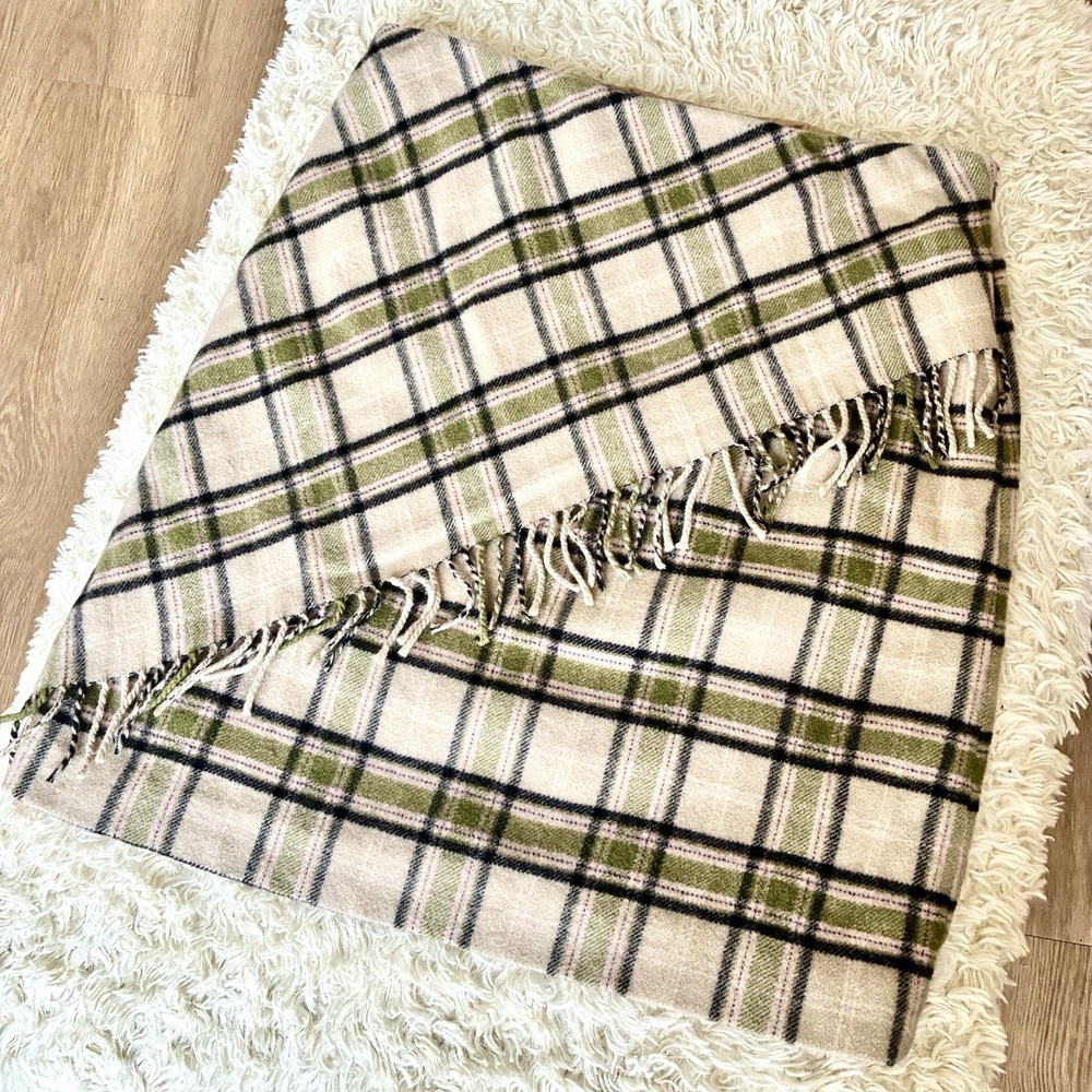 Worth New York Wool Plaid Faux Wrap Mini Skirt Fringe Trim Green Cream Size 6
